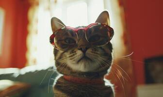 ai généré mignonne chat dans des lunettes de soleil sur le fenêtre Contexte. sélectif se concentrer. photo