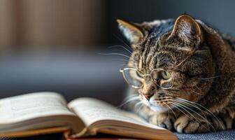 ai généré proche en haut de une tigré chat portant lunettes en train de lire une livre photo