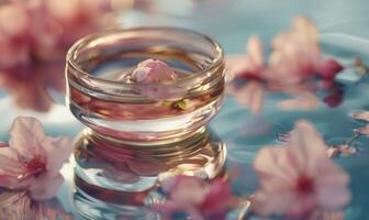 ai généré Cerise fleur dans une verre pot sur une bleu l'eau surface. beauté routine Contexte photo