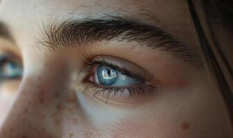 ai généré proche en haut portrait de une magnifique Jeune femme avec vert yeux et humide cheveux photo