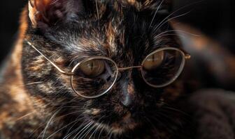 ai généré tricolore écaille de tortue chat avec des lunettes fermer photo