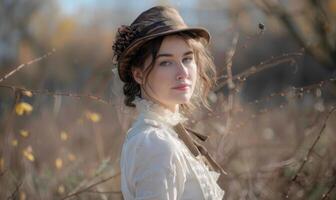 ai généré portrait de une magnifique Jeune femme dans une chapeau et manteau dans le l'automne parc photo