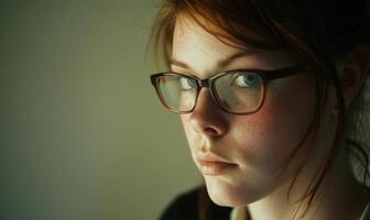 ai généré portrait de une magnifique fille avec des lunettes sur une foncé Contexte. photo