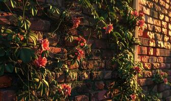 ai généré rouge des roses sur une brique mur dans le soir. ancien style. photo