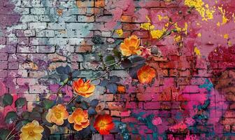 ai généré brique mur avec coloré graffiti et fleurs. grunge Contexte photo