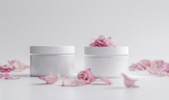 ai généré deux crème pot Vide maquettes orné avec délicat fleur pétales photo