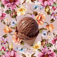 ai généré Chocolat la glace crème scoop sur une aquarelle floral modèle Contexte photo