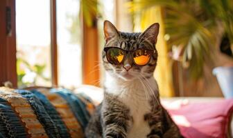 ai généré mignonne tigré chat portant des lunettes de soleil séance sur le rebord de fenêtre. photo