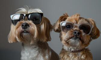 ai généré deux chiens dans des lunettes de soleil sur une gris Contexte. fermer. photo