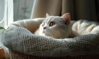 ai généré mignonne chat mensonge dans panier sur fenêtre seuil à maison, fermer photo