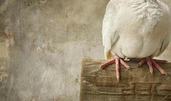 ai généré fermer vue de une blanc de pigeon délicat pieds repos sur une en bois clôture photo