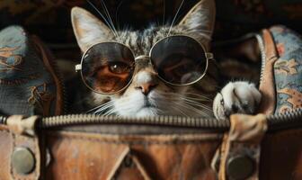 ai généré portrait de une magnifique chat avec des lunettes de soleil mensonge sur une valise. photo