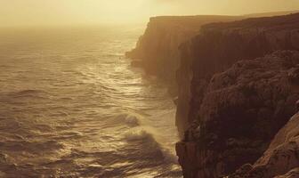 ai généré magnifique paysage marin avec falaises et mer dans le soir. photo