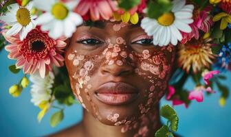 ai généré fermer portrait de africain américain femme avec Créatif maquillage et fleurs photo