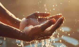 ai généré proche en haut de femelle mains la lessive mains avec savon et l'eau à le coucher du soleil photo