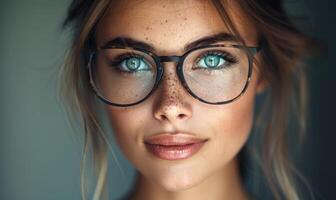 ai généré proche en haut portrait de une magnifique Jeune femme portant lunettes. photo