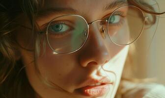 ai généré portrait de une magnifique Jeune femme avec lunettes. doux se concentrer. photo