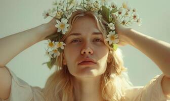 ai généré magnifique Jeune femme dans une couronne de fleurs sur sa tête photo