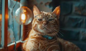 ai généré mignonne gingembre chat portant lunettes et à la recherche à caméra. photo