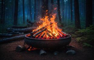 ai généré feu dans le nuit forêt photo