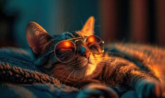 ai généré mignonne tigré chat portant des lunettes de soleil mensonge sur une plaid. photo