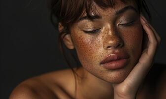 ai généré portrait de une magnifique Jeune femme avec taches de rousseur sur sa visage photo