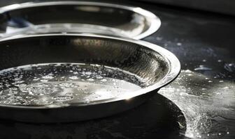 ai généré ensemble de argent rond assiettes sur une blanc en tissu Contexte. sélectif se concentrer. photo