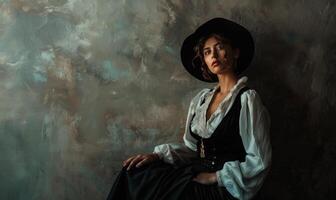 ai généré portrait de une magnifique Jeune femme dans une noir chapeau et une blanc chemise. photo