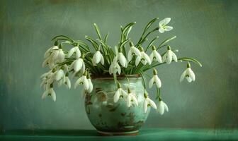 ai généré perce-neige bouquet dans une ancien vase photo