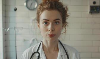 ai généré portrait de Jeune femelle médecin avec stéthoscope à hôpital. photo