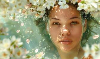 ai généré Jeune femme dans une printemps fleurs couronne, entouré par flottant pétales ou fleurs. photo