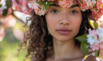 ai généré portrait de une magnifique Jeune africain américain femme avec fleurs dans sa cheveux photo