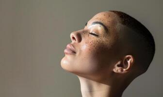 ai généré portrait de une magnifique Jeune femme avec fermé yeux et parfait peau photo