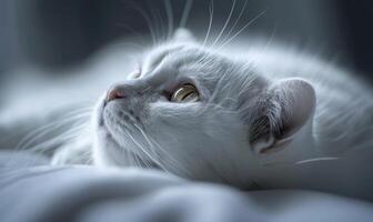 ai généré blanc chat mensonge sur le lit dans le matin, fermer photo