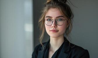 ai généré portrait de une magnifique fille avec des lunettes sur une foncé Contexte. photo