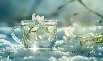 ai généré blanc thé et perce-neige fleur fermer photo