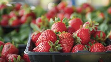 ai généré Frais des fraises affiché à une local Les agriculteurs marché photo