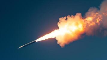 ai généré une missile vitesses par le ciel. il crée une grand nuage de fumée et Feu. il est sur une mortel cours. il est un intense moment. photo