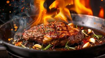 ai généré grésillant steak sur jeter le fer poêlon au milieu de en hausse flammes photo