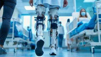 ai généré enjambées dans le avenir. patient essai Avancée robotique jambes dans une moderne réhabilitation centre photo