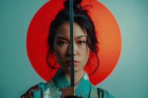 ai généré asiatique femme dans kimono en portant katana épée photo