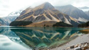 ai généré brumeux Montagne majesté, alpin Lac reflets photo