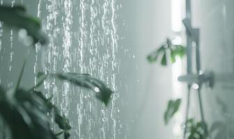 ai généré intérieur de une moderne salle de bains avec verre des murs et blanc carrelage. photo