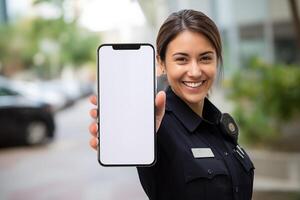 ai généré femme policier montrant Vide écran téléphone intelligent maquette sur rue photo