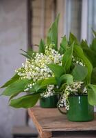 encore la vie dans rustique style avec bouquets de fleurs de lys de le vallée dans vert émaillé ancien tasses, floral Contexte photo