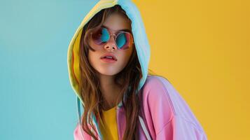 ai généré coloré sweat à capuche avec des lunettes mode modèle pose photo