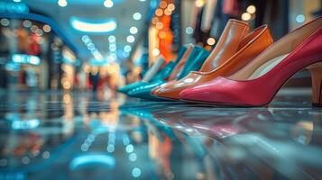 ai généré rangée de des chaussures sur carrelé sol photo