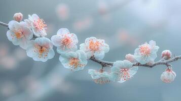 ai généré rose fleurs épanouissement sur arbre branche photo