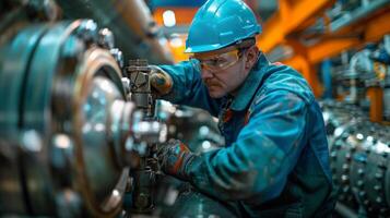 ai généré homme en fonctionnement machine dans usine photo