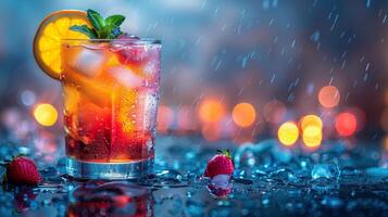 ai généré rafraîchissant boisson avec Orange tranche et des fraises photo